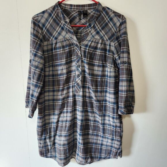 Mango Dresses & Skirts - Mango MNG Plaid Tunic Shirt Dress Blue Gray Check 3/4 Sleeve Cotton Size Med